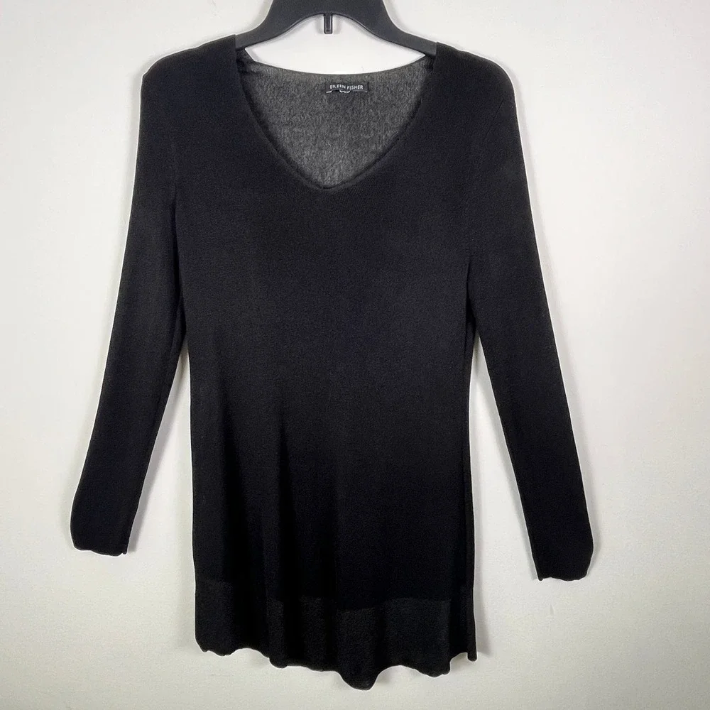 Eileen Fisher Black V-Neck Long Sleeve Shimmer Metallic Tunic Top XS-SM
